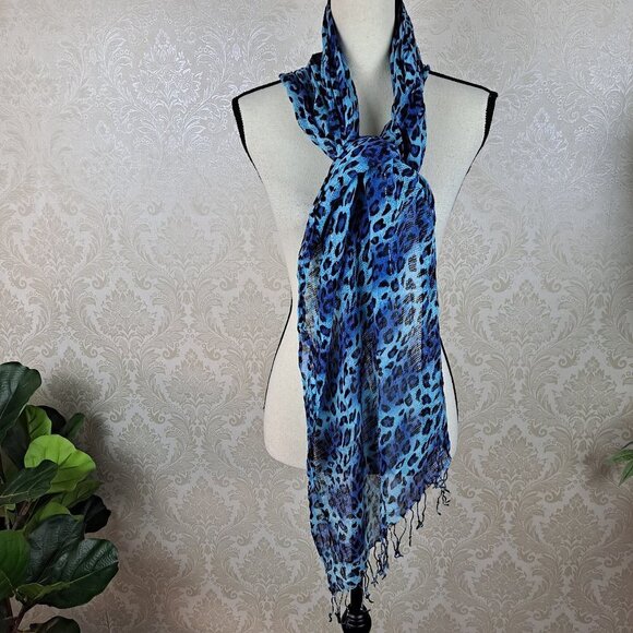 Blue & Black Animal Print Scarf/Wrap with Silver Metallic Threads Fringed Ends - Picture 4 of 5